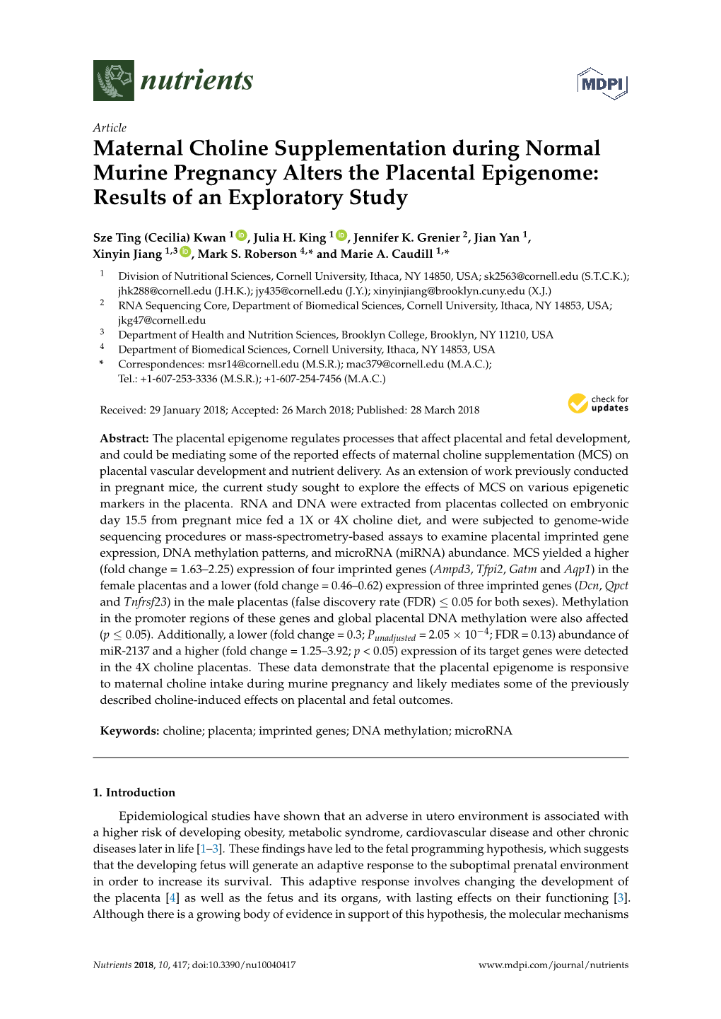 Maternal Choline Supplementation During Normal Murine Pregnancy Alters the Placental Epigenome: Results of an Exploratory Study