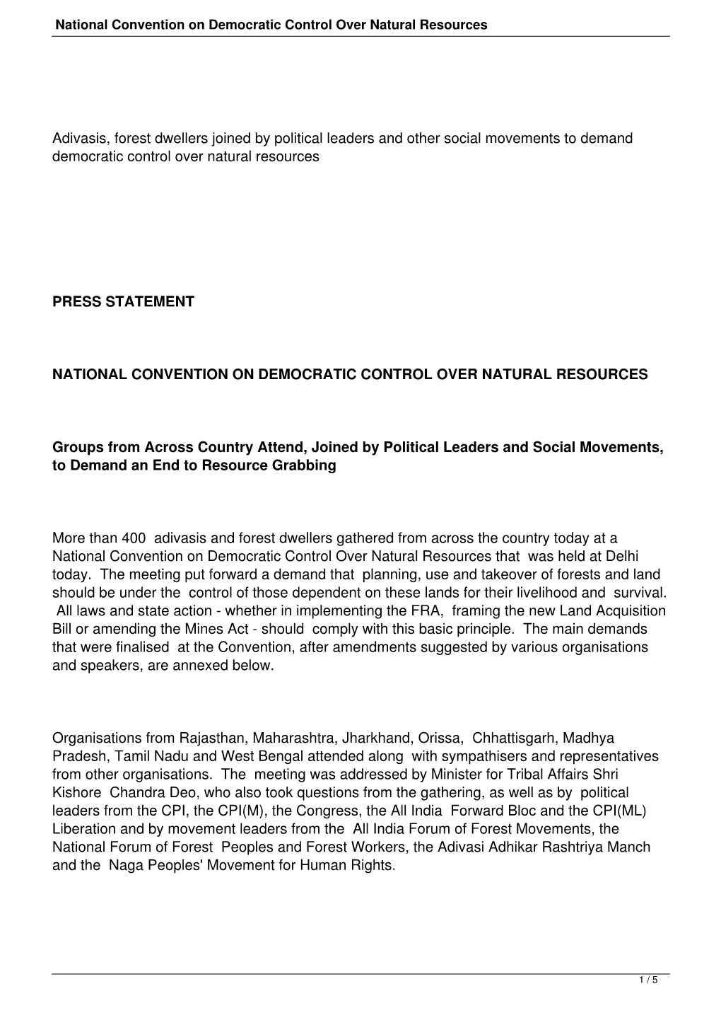 National Convention on Democratic Control Over Natural Resources