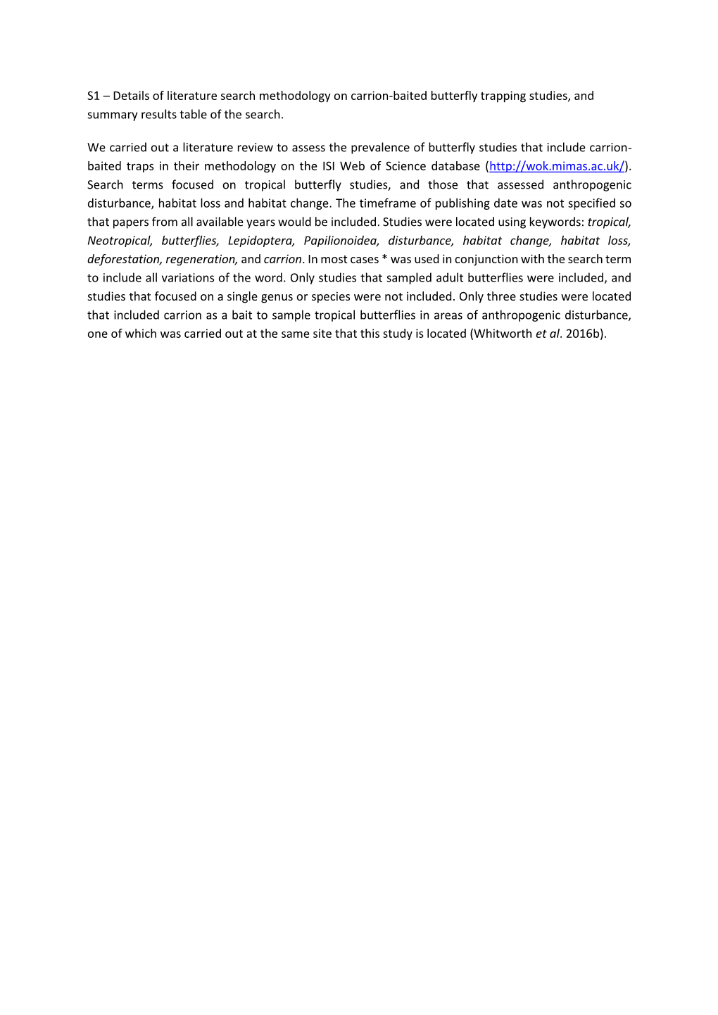 S1 – Details of Literature Search Methodology on Carrion-Baited Butterfly Trapping Studies, and Summary Results Table of the Search