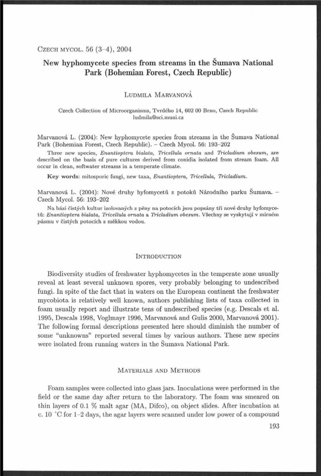 New Hyphomycete Species from Streams in the Šumava National Park (Bohemian Forest, Czech Republic)