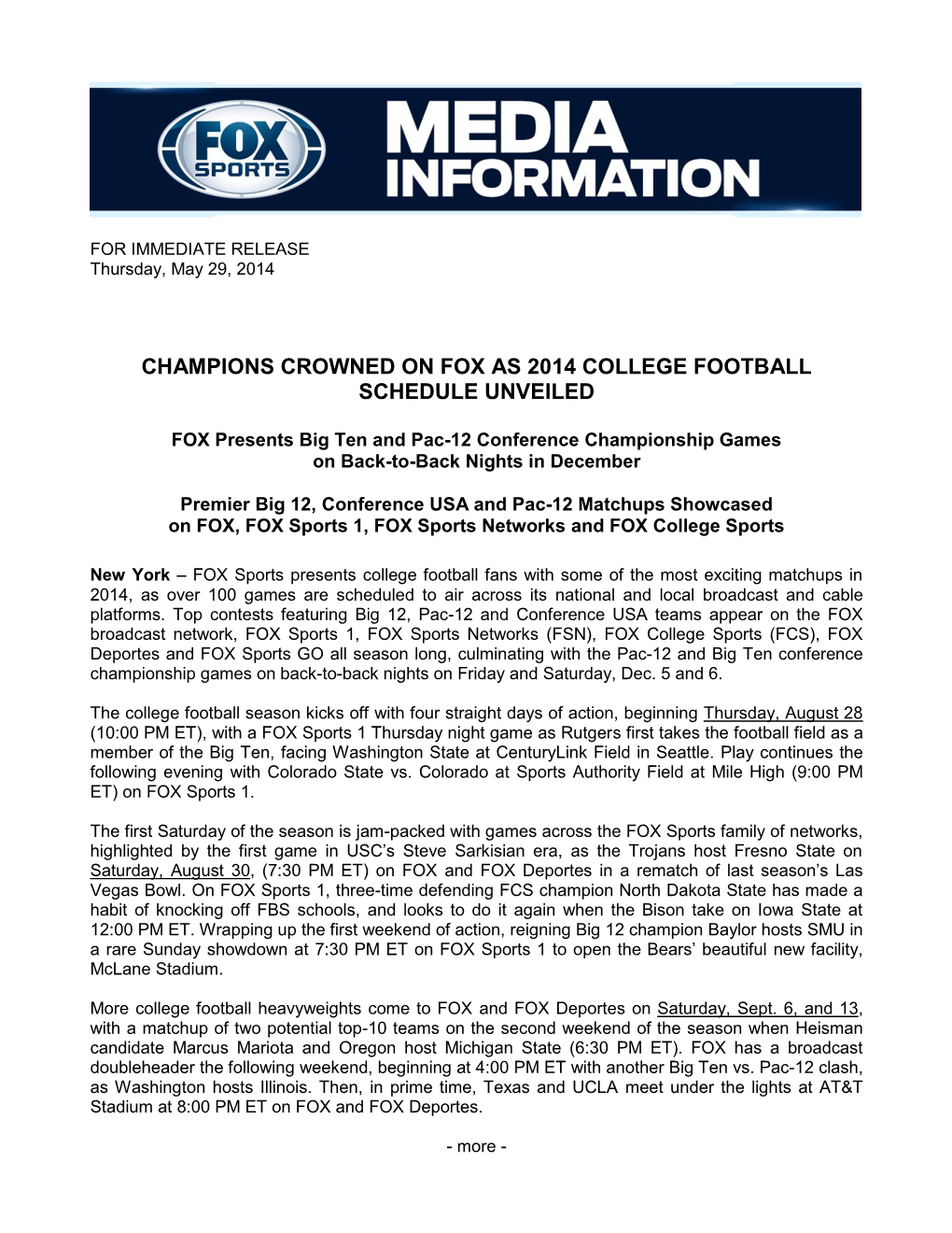 Champions Crowned on Fox As 2014 College Football Schedule Unveiled