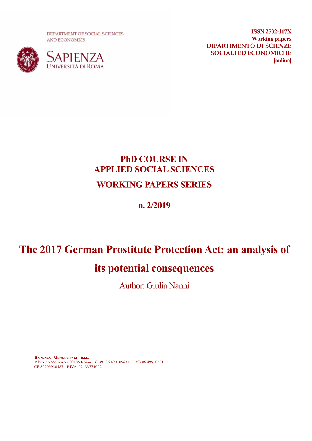 The 2017 German Prostitute Protection Act: an Analysis of Its Potential Consequences Author: Giulia Nanni