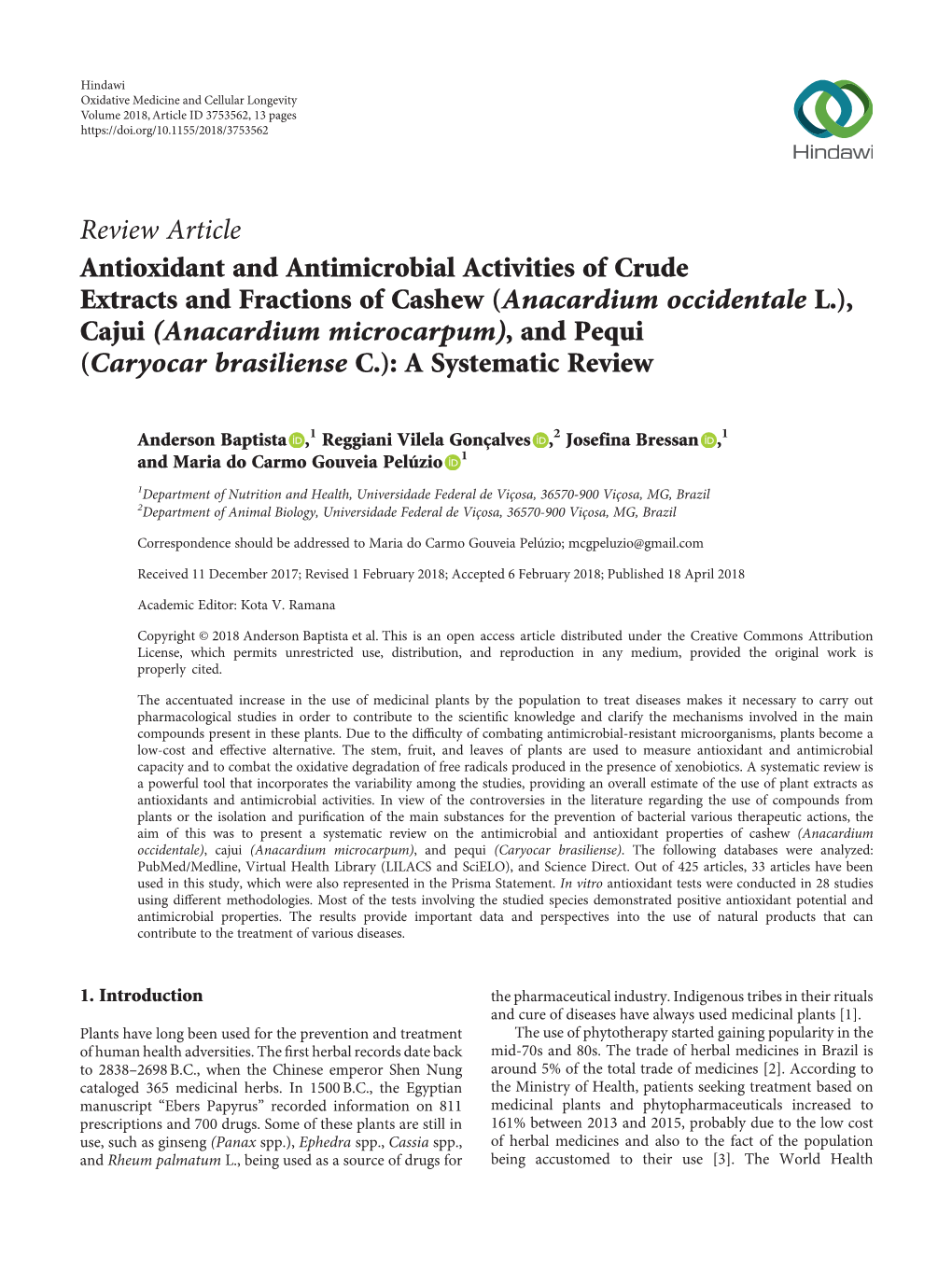 (Anacardium Occidentale L.), Cajui (Anacardium Microcarpum), and Pequi (Caryocar Brasiliense C.): a Systematic Review