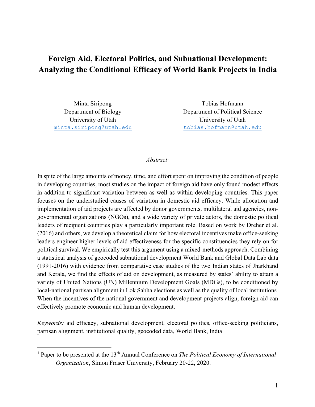 Foreign Aid, Electoral Politics, and Subnational Development: Analyzing the Conditional Efficacy of World Bank Projects in India