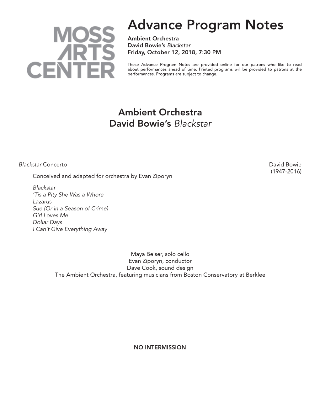 Advance Program Notes Ambient Orchestra David Bowie’S Blackstar Friday, October 12, 2018, 7:30 PM