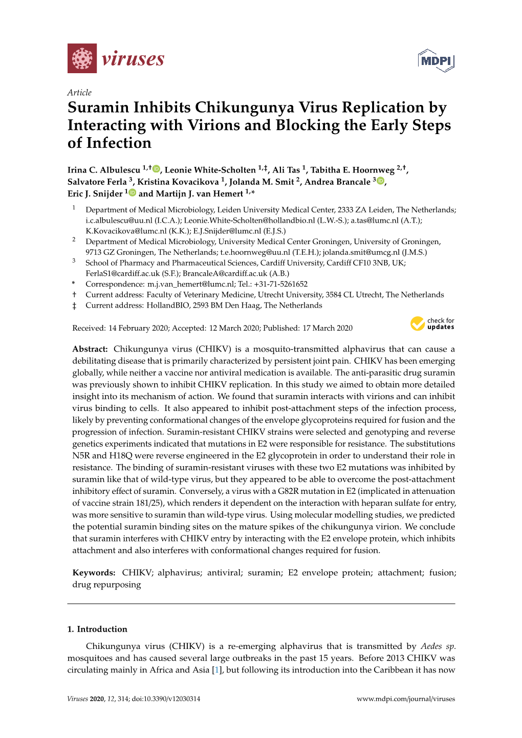 Suramin Inhibits Chikungunya Virus Replication by Interacting with Virions and Blocking the Early Steps of Infection