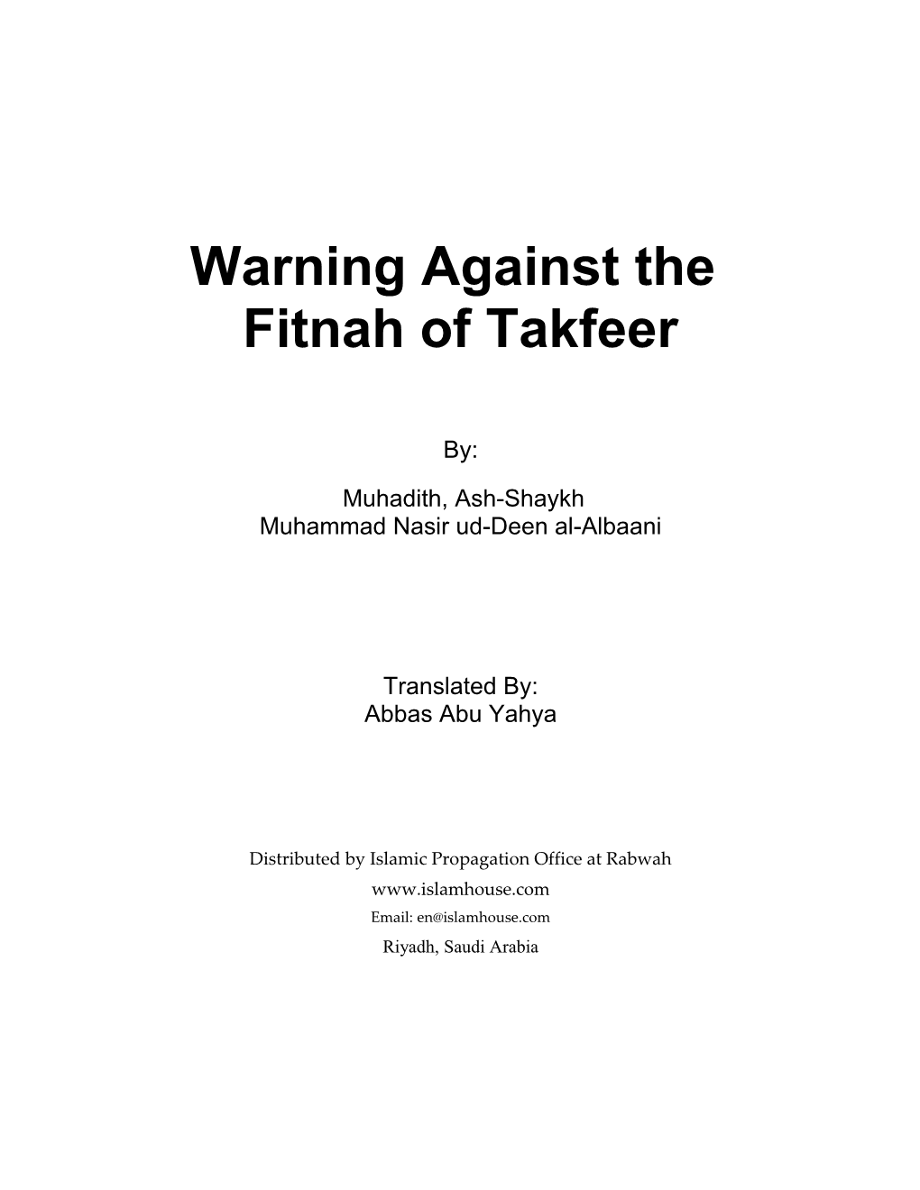 Warning Against the Fitnah of Takfeer