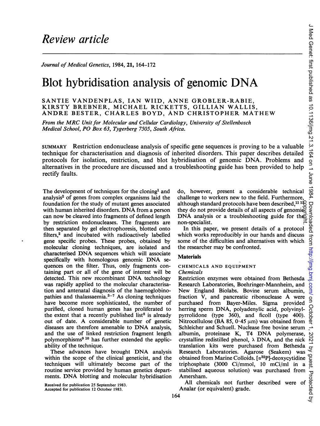 Blot Hybridisation Analysis of Genomic DNA