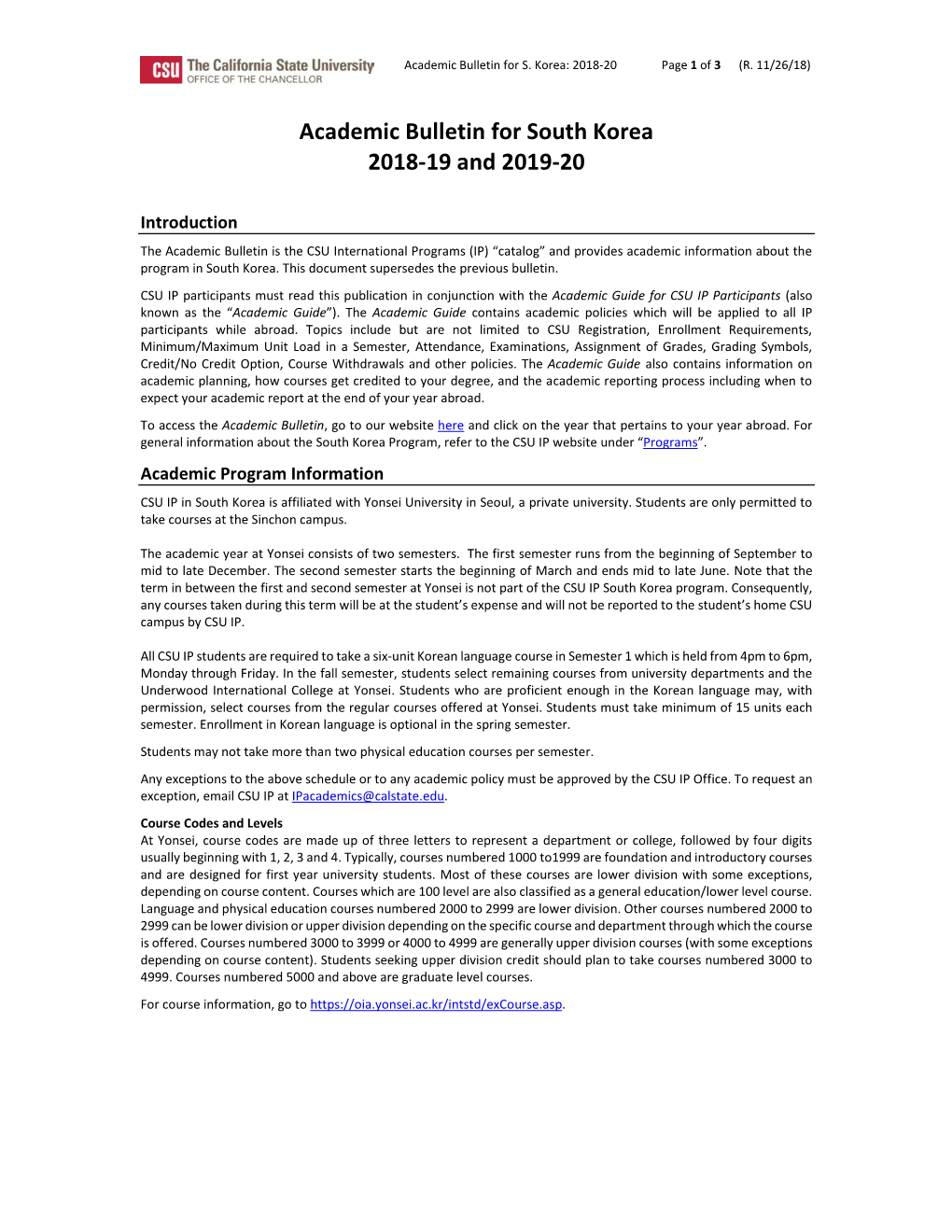 Academic Bulletin for South Korea 2018-19 and 2019-20