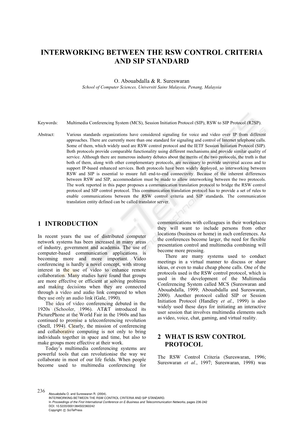 Interworking Between the Rsw Control Criteria and Sip Standard