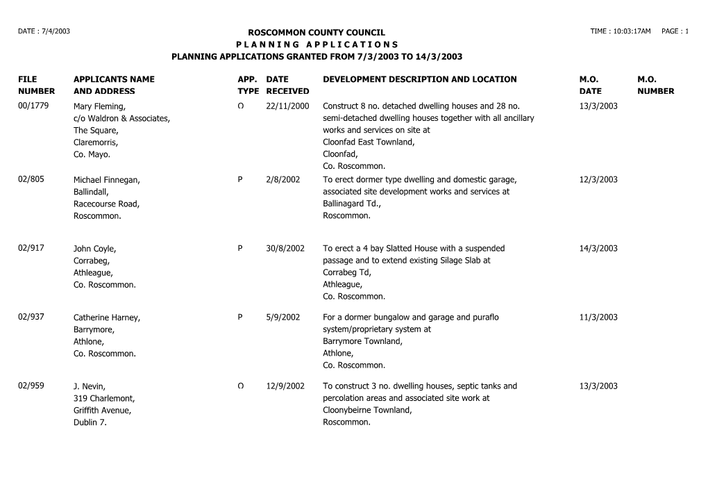 Date : 7/4/2003 Roscommon County Council Time : 10:03:17Am Page : 1 P L a N N I N G a P P L I C a T I O N S Planning Applications Granted from 7/3/2003 to 14/3/2003