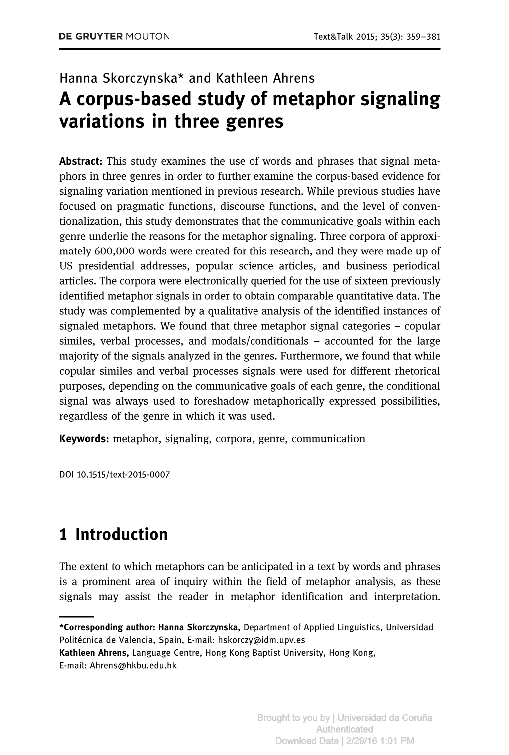 A Corpus-Based Study of Metaphor Signaling Variations in Three Genres