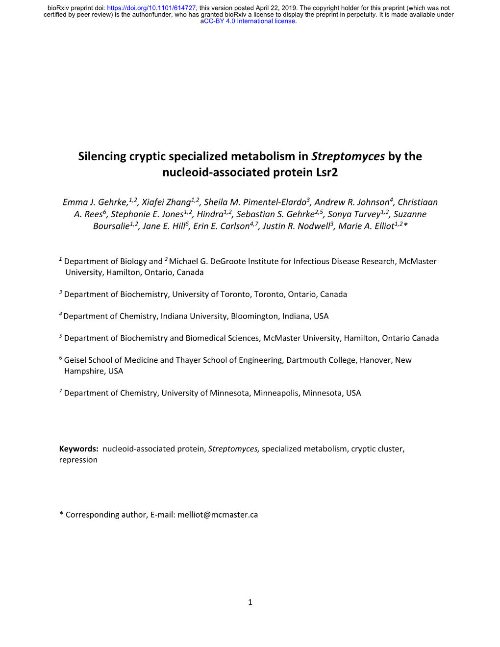 Silencing Cryptic Specialized Metabolism in Streptomyces by the Nucleoid-Associated Protein Lsr2