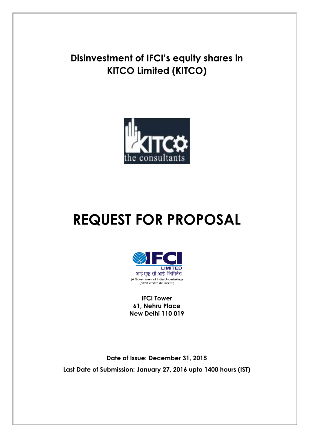 Disinvestment of IFCI's Equity Shares in KITCO Limited