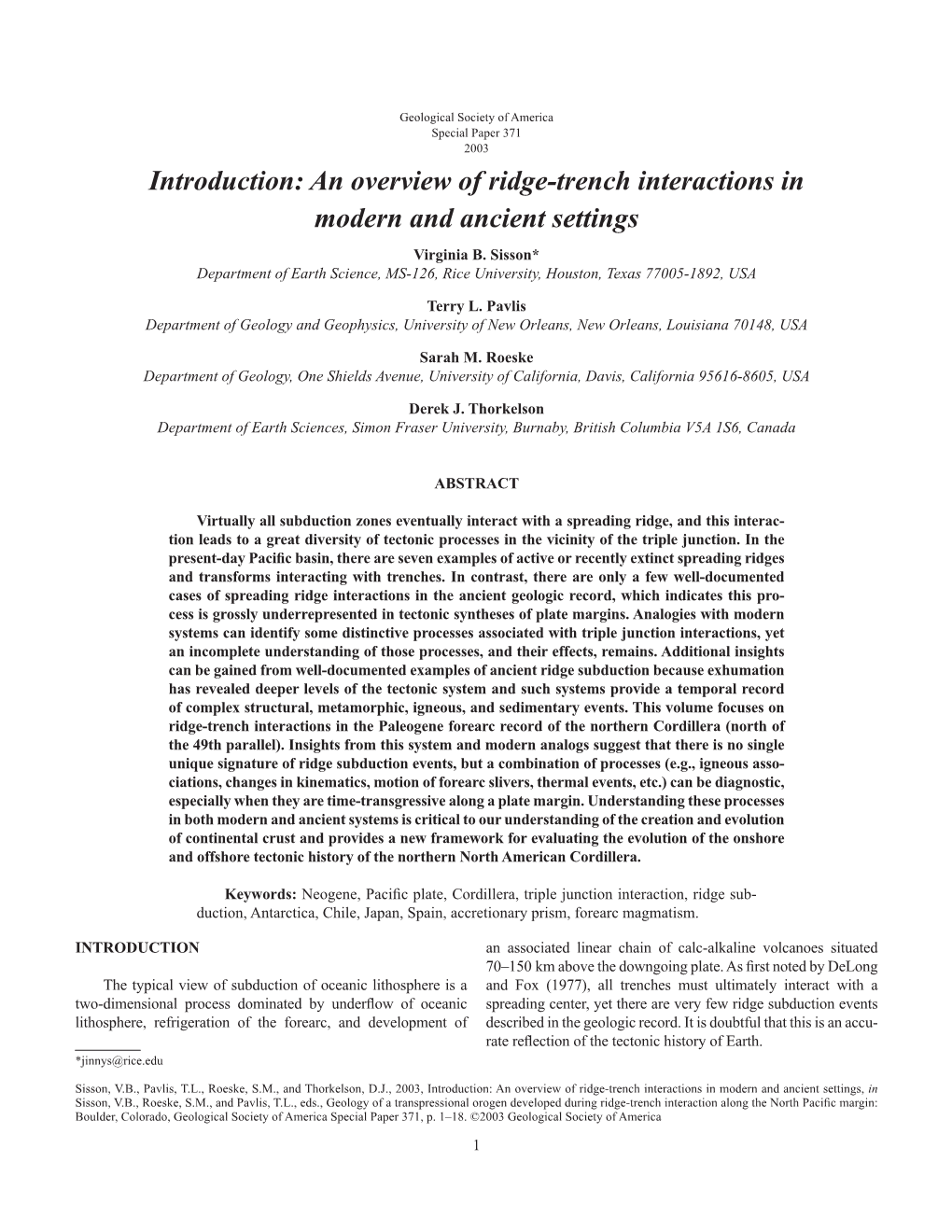 Introduction: an Overview of Ridge-Trench Interactions in Modern and Ancient Settings Virginia B