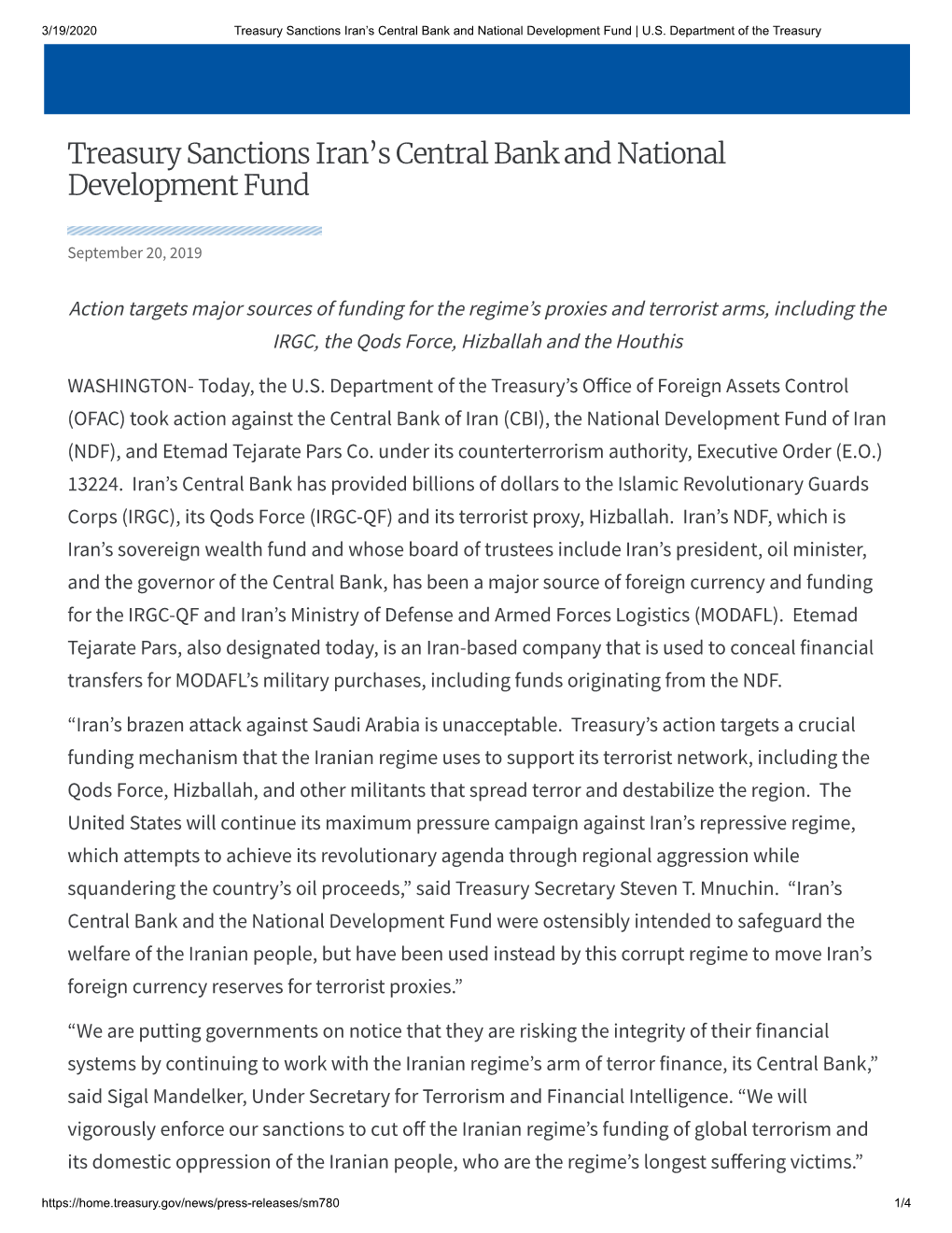 Treasury Sanctions Iran's Central Bank and National Development