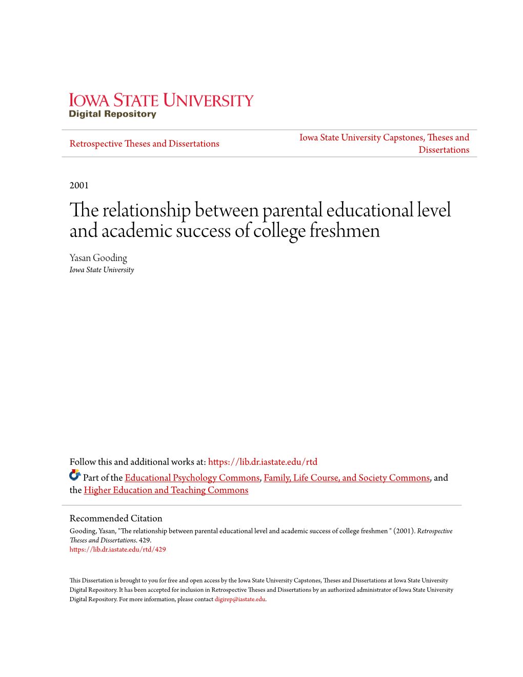 The Relationship Between Parental Educational Level and Academic Success of College Freshmen