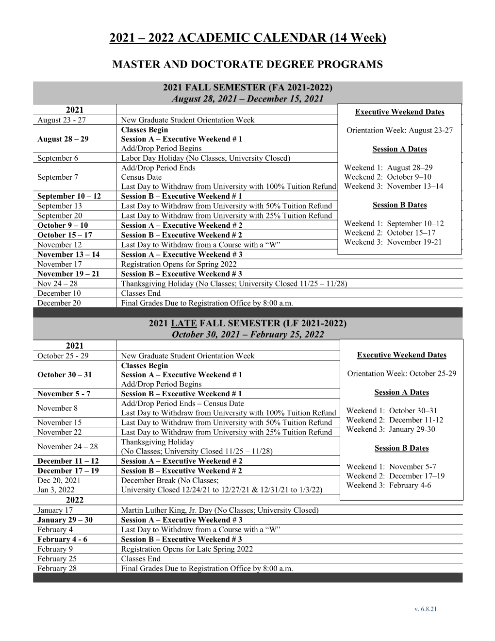 2021 – 2022 ACADEMIC CALENDAR (14 Week)