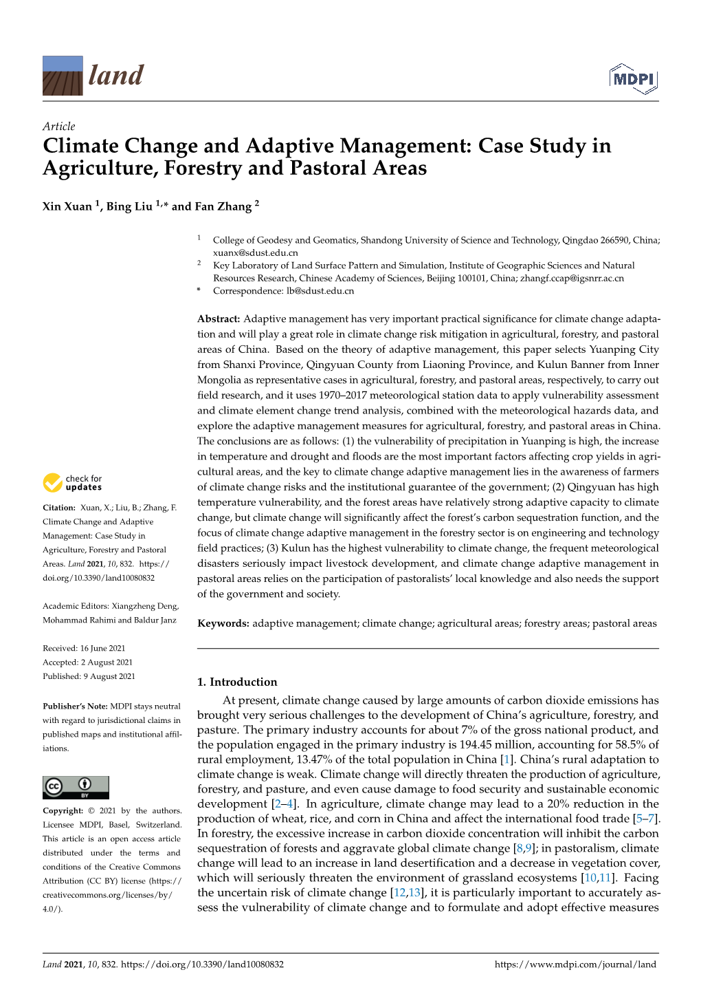 Climate Change and Adaptive Management: Case Study in Agriculture, Forestry and Pastoral Areas