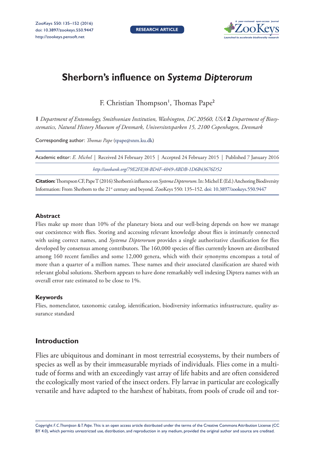 ﻿Sherborn's Influence on Systema Dipterorum