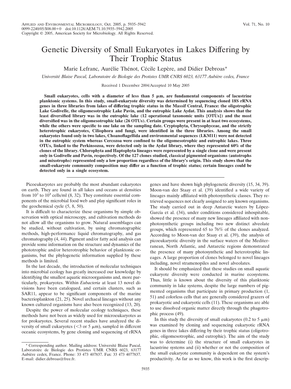 Genetic Diversity of Small Eukaryotes in Lakes Differing by Their Trophic