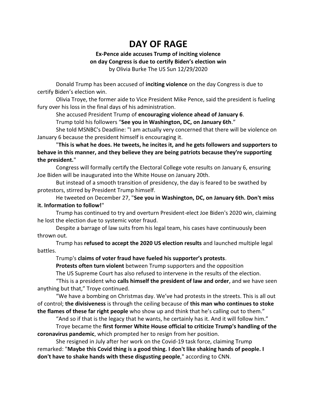 DAY of RAGE Ex-Pence Aide Accuses Trump of Inciting Violence on Day Congress Is Due to Certify Biden’S Election Win by Olivia Burke the US Sun 12/29/2020