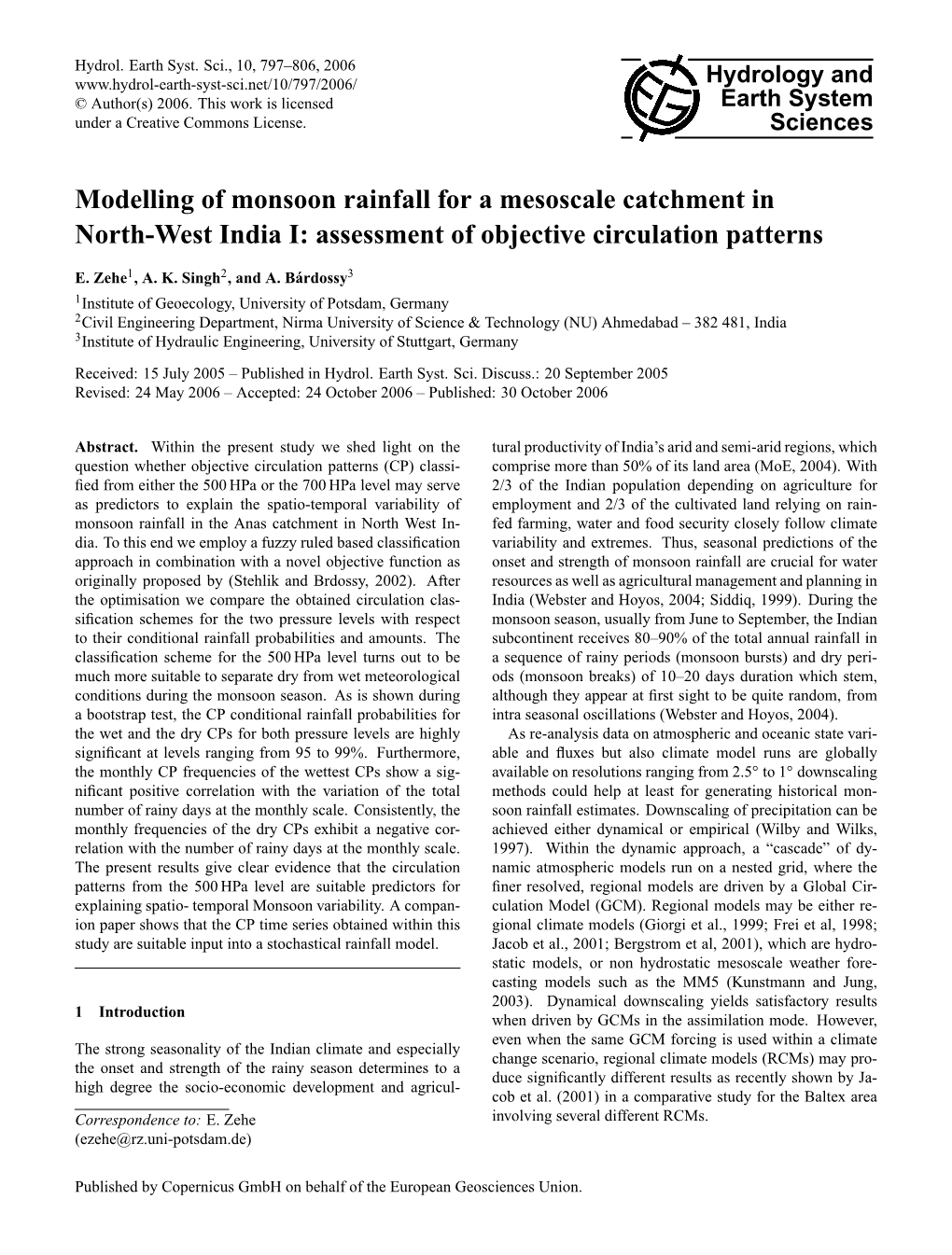 Modelling of Monsoon Rainfall for a Mesoscale Catchment in North-West India I: Assessment of Objective Circulation Patterns