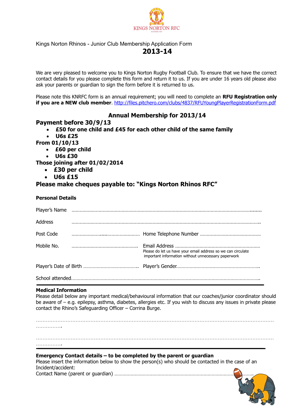 Kings Norton Rhinos - Junior Club Membership Application Form