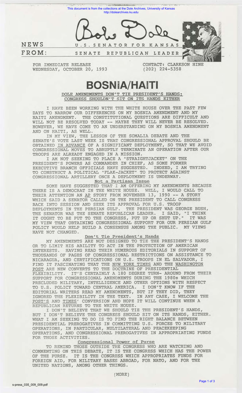 Bosnia/Haiti Dole Amendments Don't Tie President's Hands; Congress Shouldn't Sit on Its Hands Either