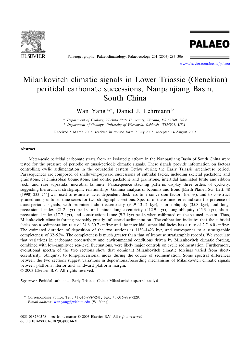 Milankovitch Climatic Signals in Lower Triassic (Olenekian) Peritidal Carbonate Successions, Nanpanjiang Basin, South China