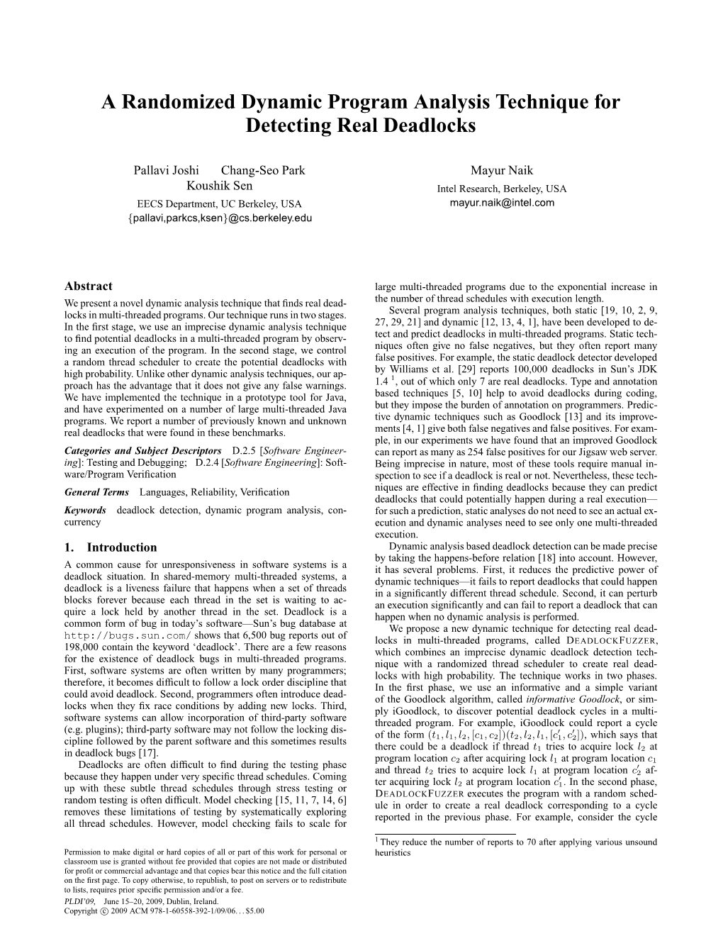 A Randomized Dynamic Program Analysis Technique for Detecting Real Deadlocks