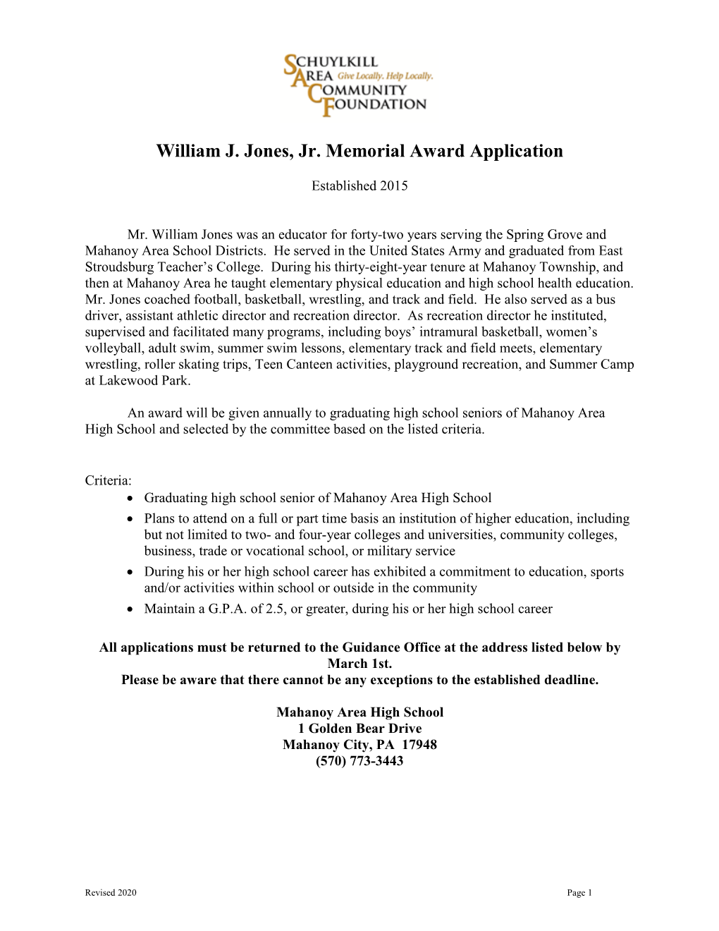 William J. Jones, Jr. Memorial Award Application