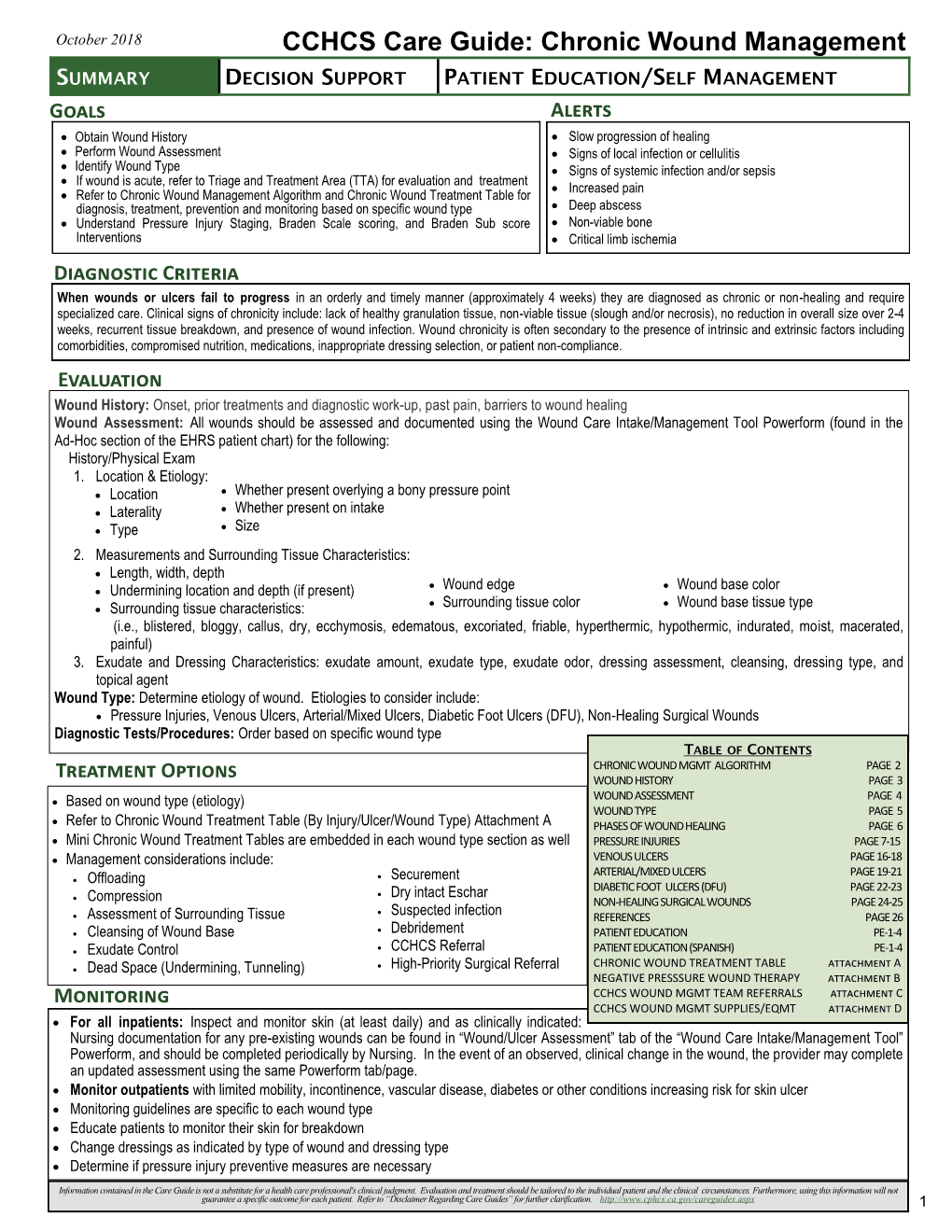 CCHCS Care Guide: Chronic Wound Management SUMMARY DECISION SUPPORT PATIENT EDUCATION/SELF MANAGEMENT Goals Alerts