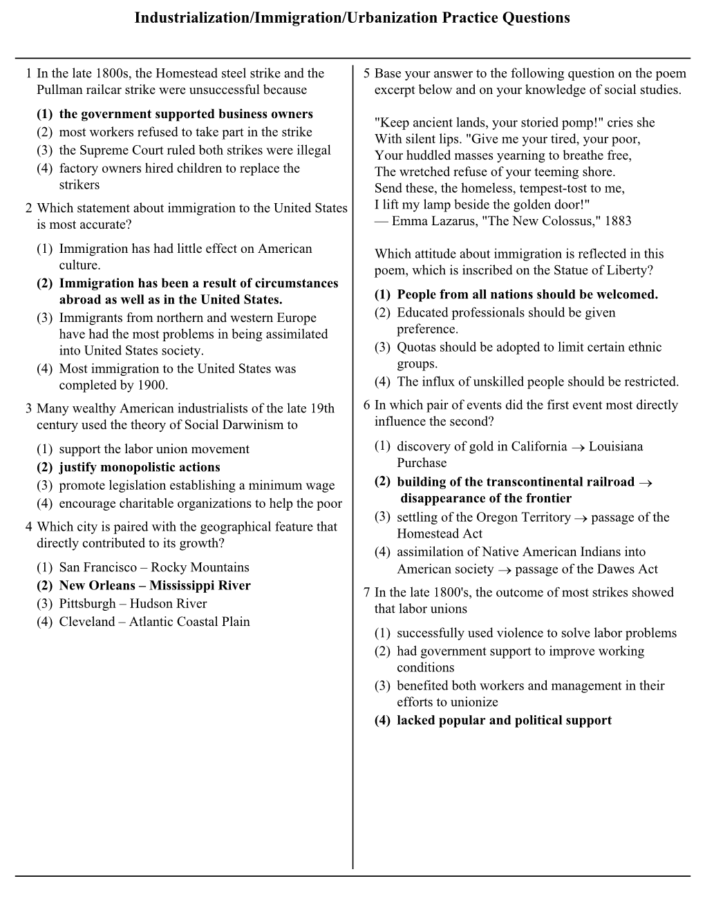 Industrialization/Immigration/Urbanization Practice Questions