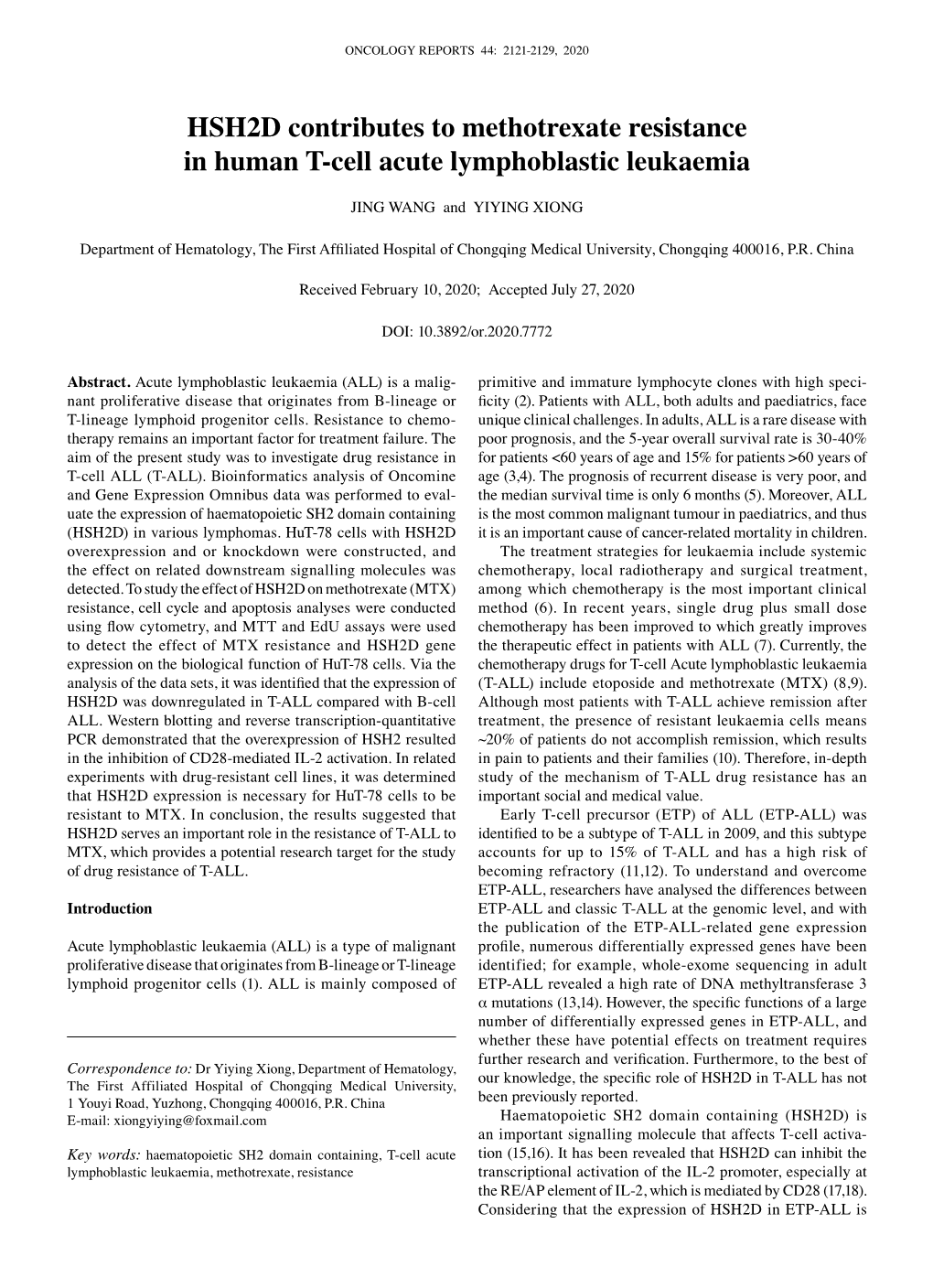 HSH2D Contributes to Methotrexate Resistance in Human T‑Cell Acute Lymphoblastic Leukaemia