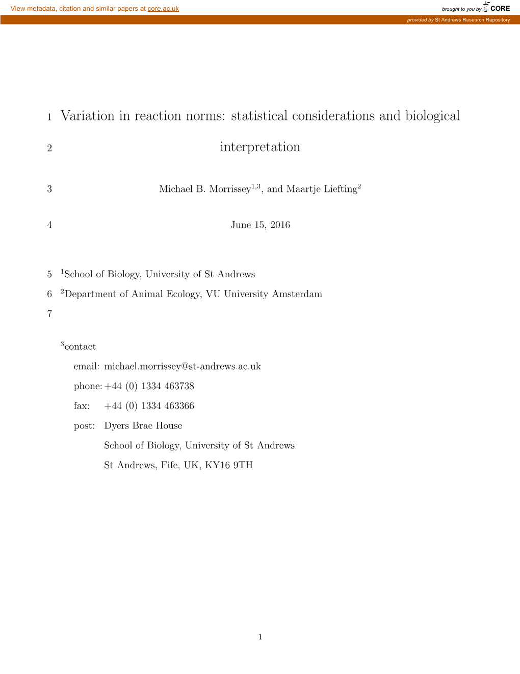 Variation in Reaction Norms: Statistical Considerations and Biological