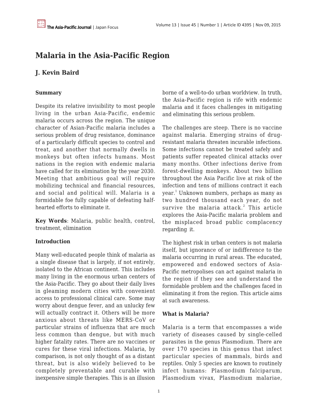 Malaria in the Asia-Pacific Region