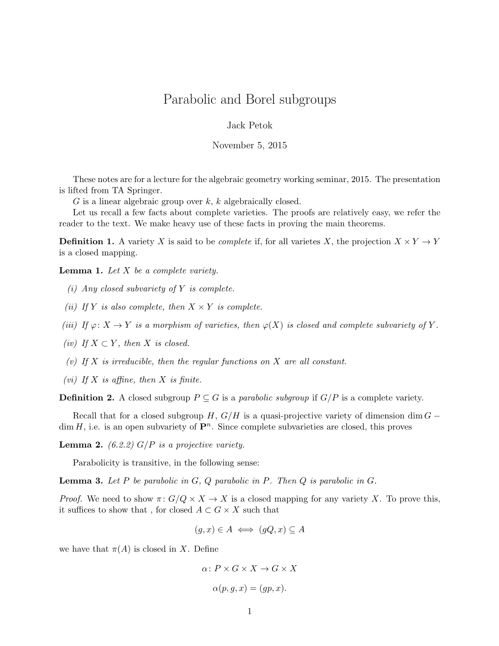 Borel Subgroups and Parabolic Subgroups