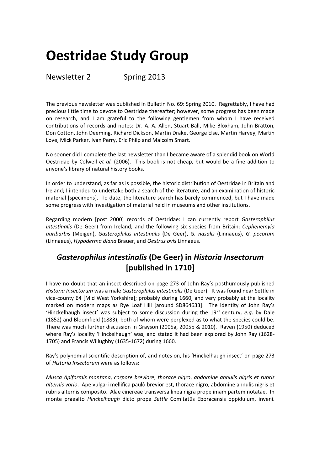 Oestridae Study Group Newsletter 2
