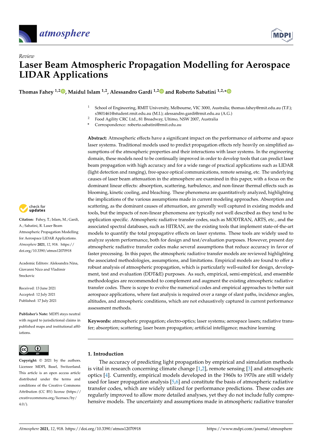 Laser Beam Atmospheric Propagation Modelling for Aerospace LIDAR Applications