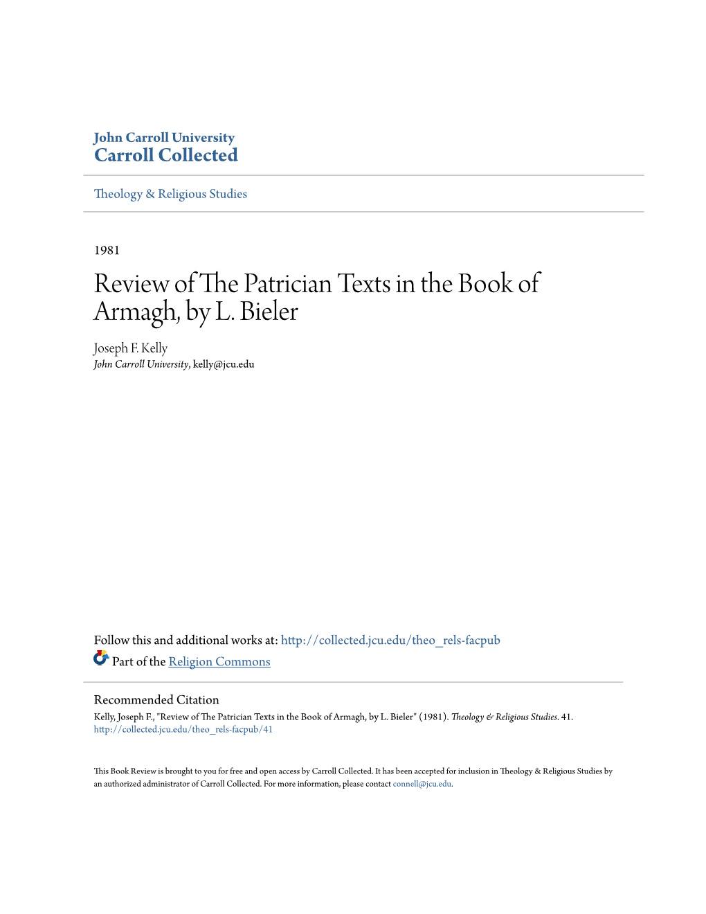 Review of the Patrician Texts in the Book of Armagh, by L. Bieler