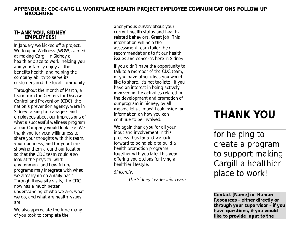 Appendix B: Cdc-Cargill Workplace Health Project Employee Communications Follow up Brochure