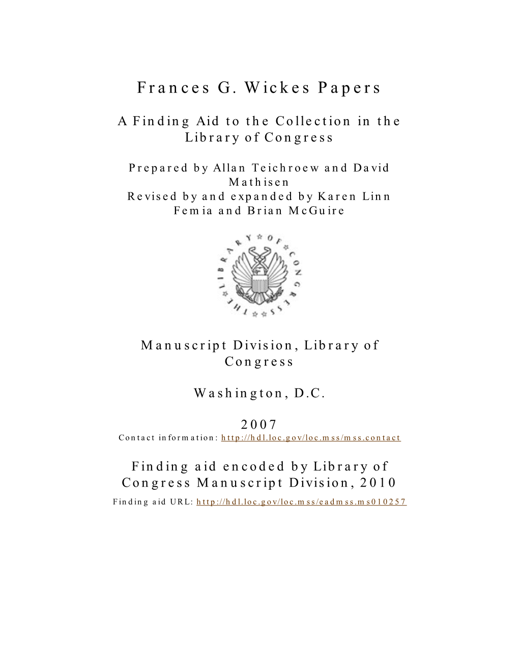 Frances G. Wickes Papers