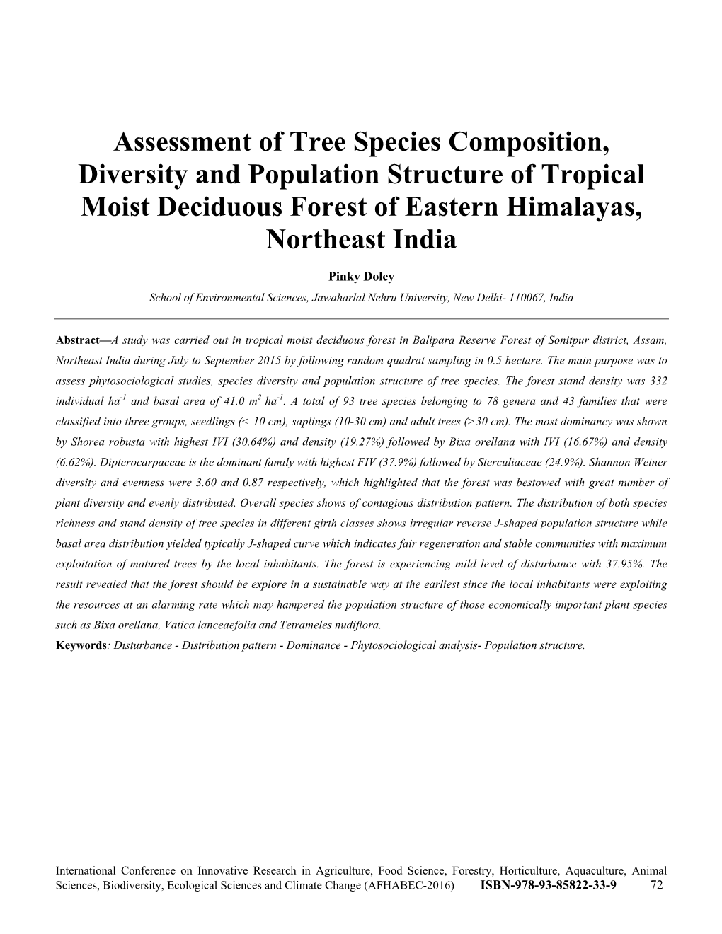 Assessment of Tree Species Composition, Diversity and Population Structure of Tropical Moist Deciduous Forest of Eastern Himalayas, Northeast India