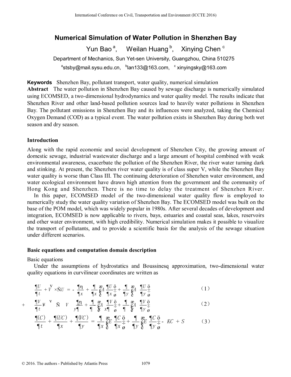 Numerical Simulation of Water Pollution in Shenzhen Bay Yun Bao