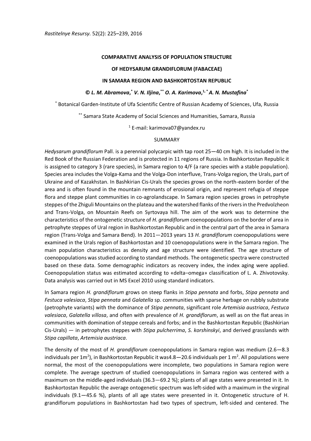 Comparative Analysis of Population Structure of Hedysarum Grandiflorum (Fabaceae) in Samara Region and Bashkortostan Republic