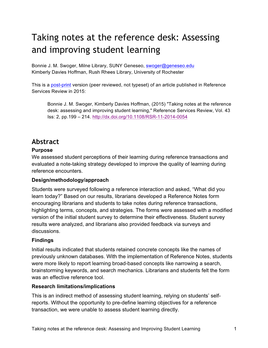 Taking Notes at the Reference Desk: Assessing and Improving Student Learning