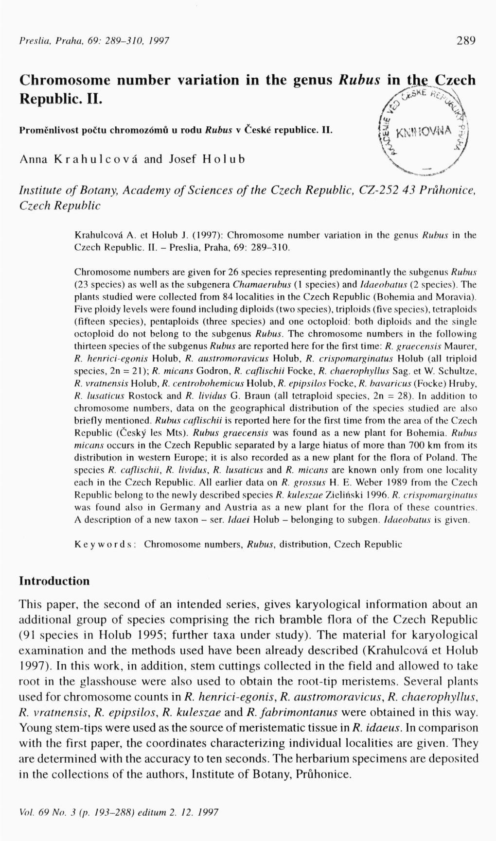 Chromosome Number Variation in the Genus Rubus in the Czech