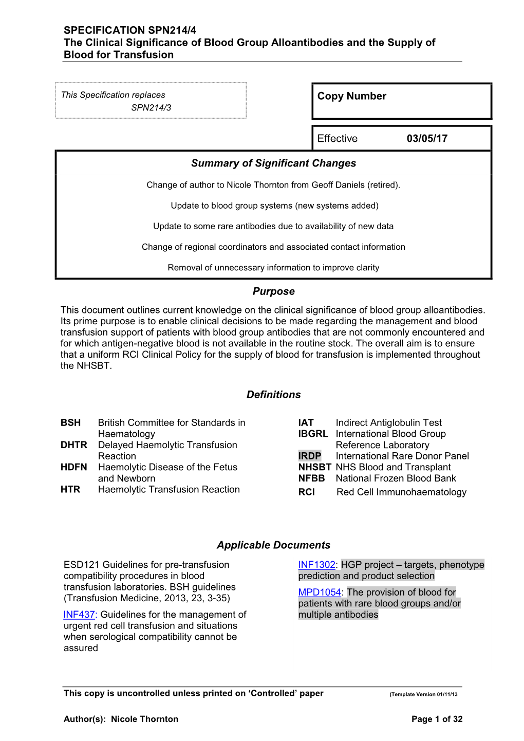 SPECIFICATION SPN214/4 the Clinical Significance of Blood Group Alloantibodies and the Supply of Blood for Transfusion Copy Numb