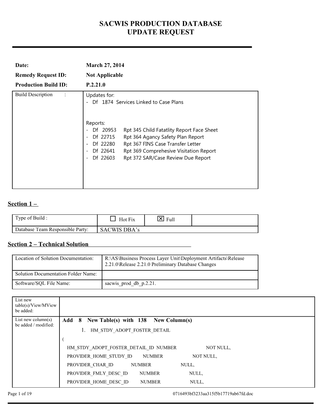 Sacwis Database Update Request